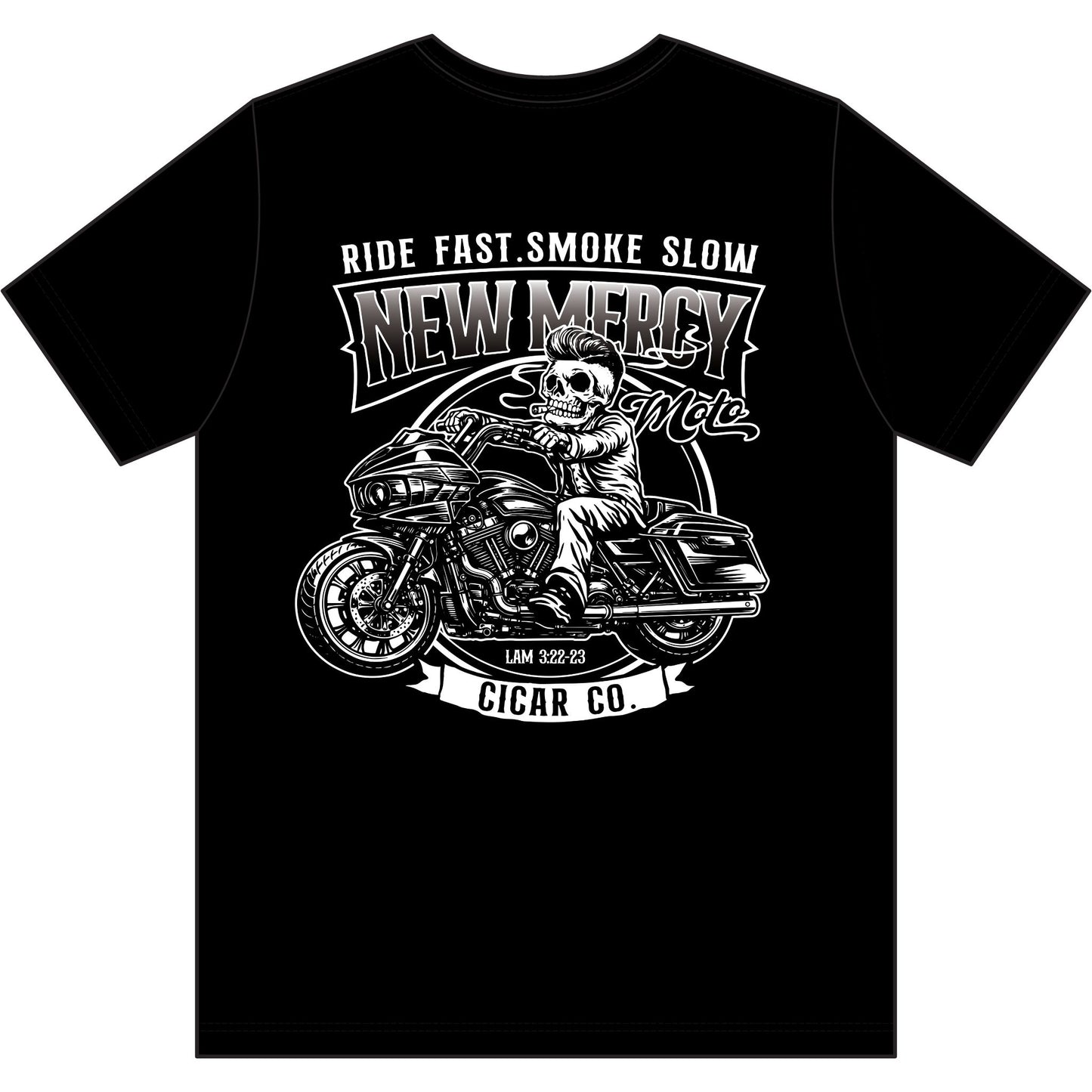 New Mercy Moto Cigars Heritage Tee — Harley & Cigar Logo Crew Shirt