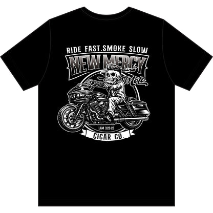 New Mercy Moto Cigars Heritage Tee — Harley & Cigar Logo Crew Shirt