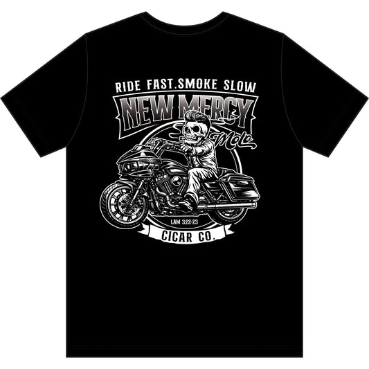 New Mercy Moto Cigars Heritage Tee — Harley & Cigar Logo Crew Shirt